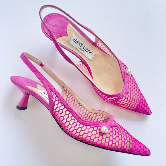 Jimmy Choo Shoes - Jimmy Choo Amita Pink 45 Mesh Slingback Kitten‎ Heels with pearls